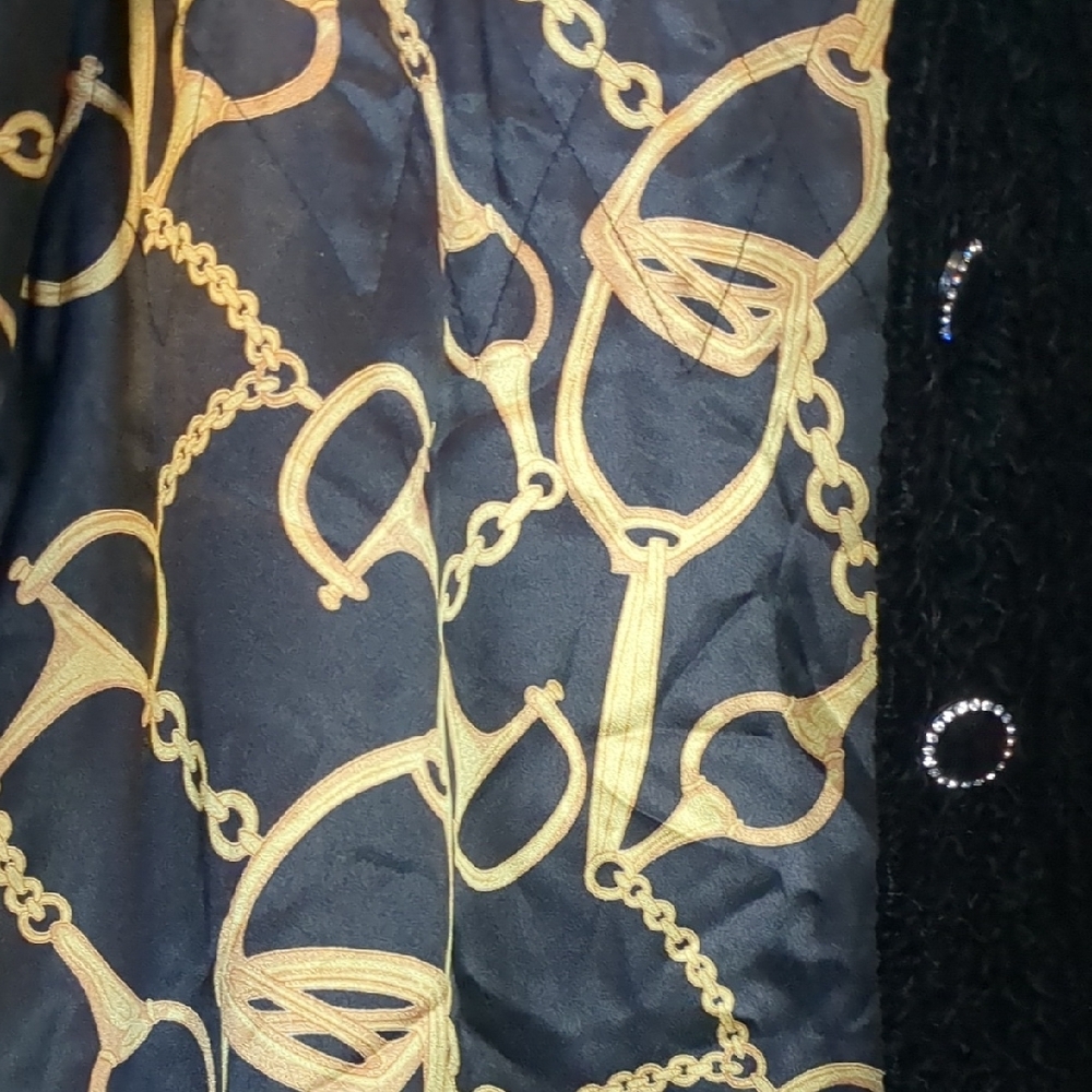 Women's Black velvet Coat with Decorative Chain-Print Lining Sz L - Picture 8 of 12